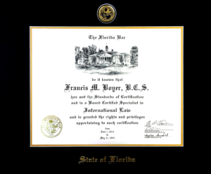 Certificate for Board Certified Specialist in International Law, Francis M. Boyer, B.C.S.