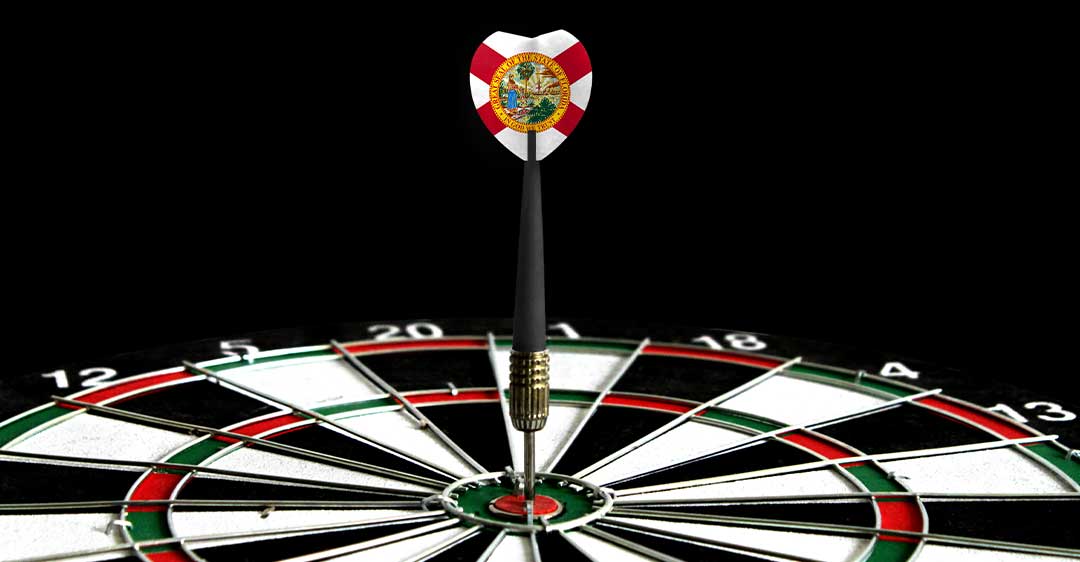 state of florida flag on dart flight, dart tip in bullseye of dartboard, Move your business to florida