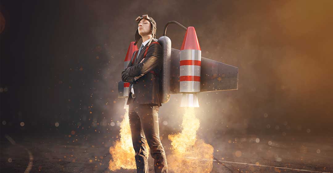 businessman wearing a rocket pack, goggles, business launch, new business checklist, startup