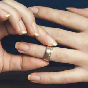 woman’s hands, removing gold wedding ring, divorce