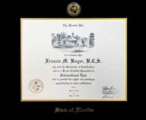 Certificate for Board Certified Specialist in International Law, Francis M. Boyer, B.C.S.
