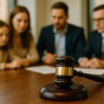 Family legal consultation with lawyer, gavel in focus. Divorce, child custody, property division, and family law mediation.