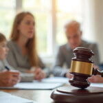In the foreground, a wooden judge’s gavel rests on a desk. In the background, slightly out of focus, two men in suits, a woman, and a young boy sit around a table engaged in conversation. Papers are spread out on the table, indicating a formal legal discussion. The scene suggests a family-related legal matter such as custody, divorce, or mediation.