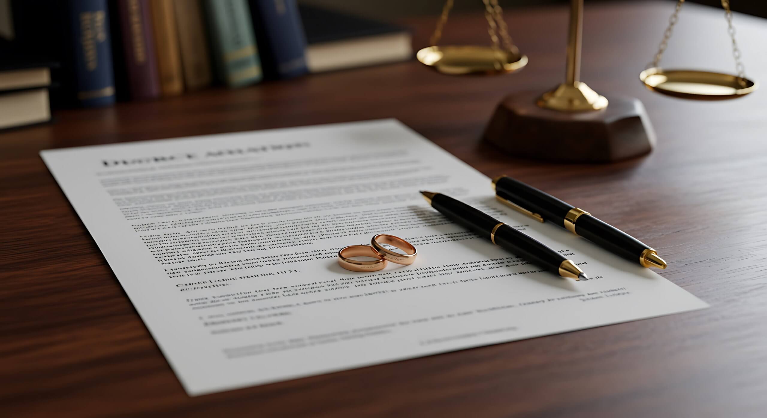 Divorce Agreement Legal Document with Wedding Rings and Pens