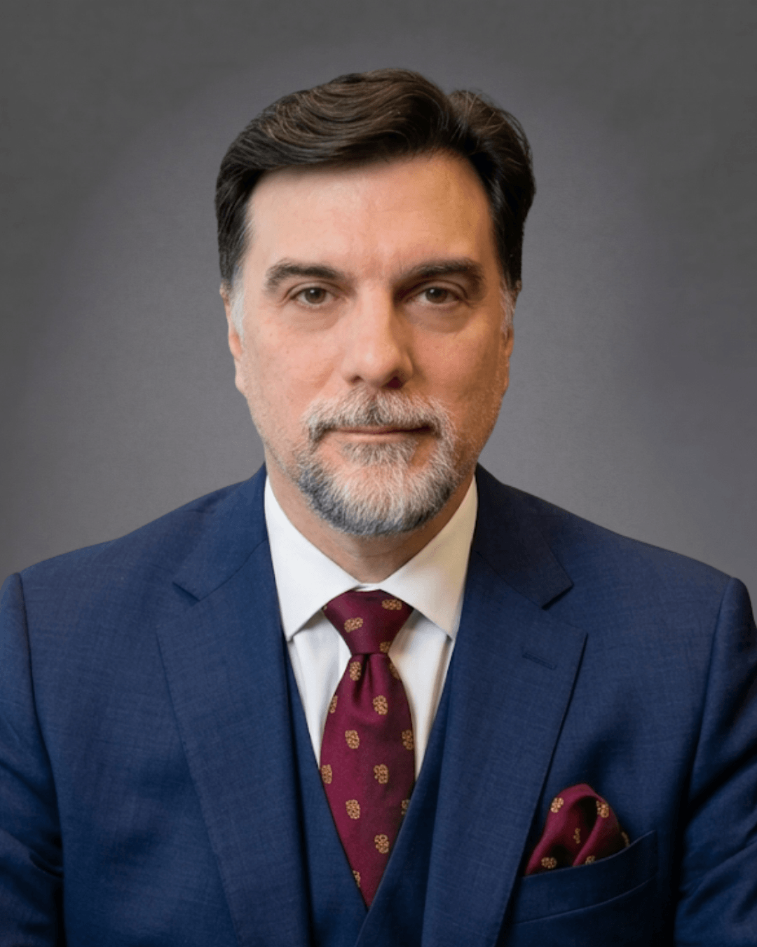 Headshot of Francis M. Boyer, Founder of Boyer Law Firm, looking directly at the camera, wearing a tailored blue suit, white shirt, and a patterned maroon tie against a neutral gray background.
