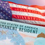 Green Card US Permanent resident card. Immigrant ID documents. USA Electronic Diversity Visa Lottery DV-2024 DV Lottery Results. United States of America. American flag on background