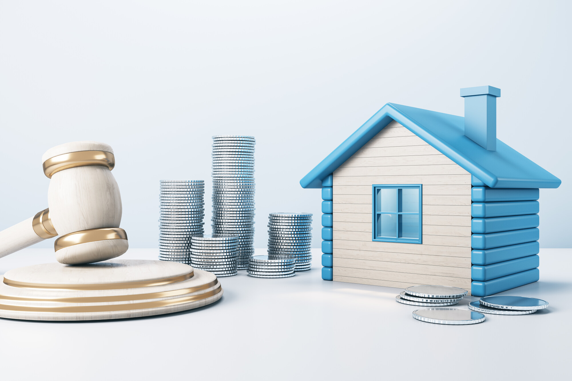 Blue House With Golden Coin,Stacks And Gavel On Concrete, high asset divorce
